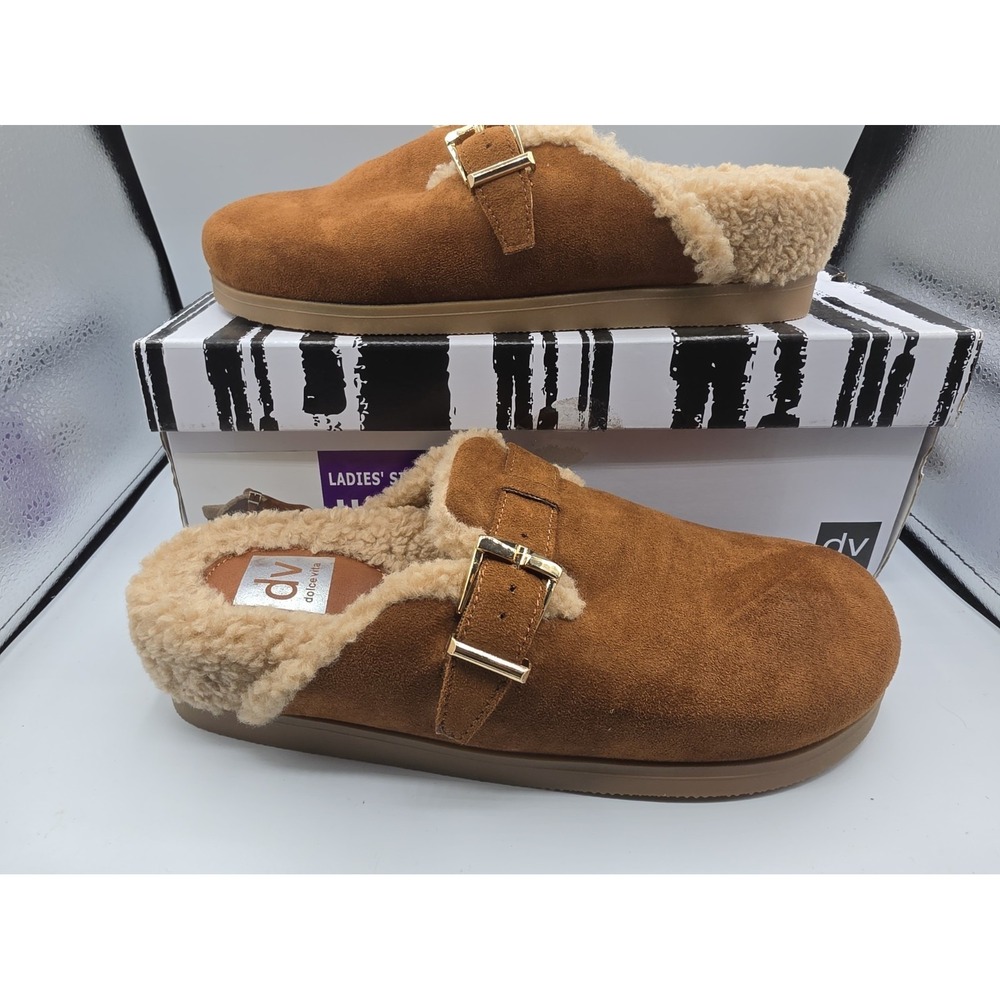 Dolce Vita Brown Faux Suede Shearling Buckle Clog Slippers Women 8 1917430